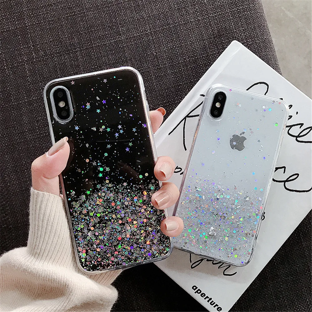 Мягкий чехол QINUO с блестками для iphone 8 7 Plus 6 s прозрачный эпоксидной звездой X XR XS MAX