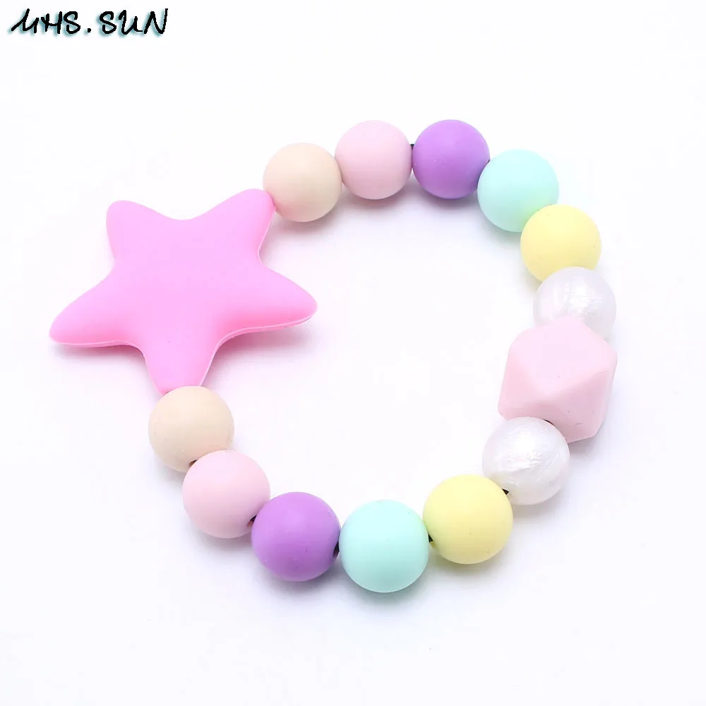 Pink MHS. SUN новые детские силиконовые браслеты пищевого качества, прорезывание зубов, силиконовые браслеты со звездами, браслеты с бусинами, яркие, лучшие для детей, жевательные ювелирные изделия - Окраска металла: Pink
