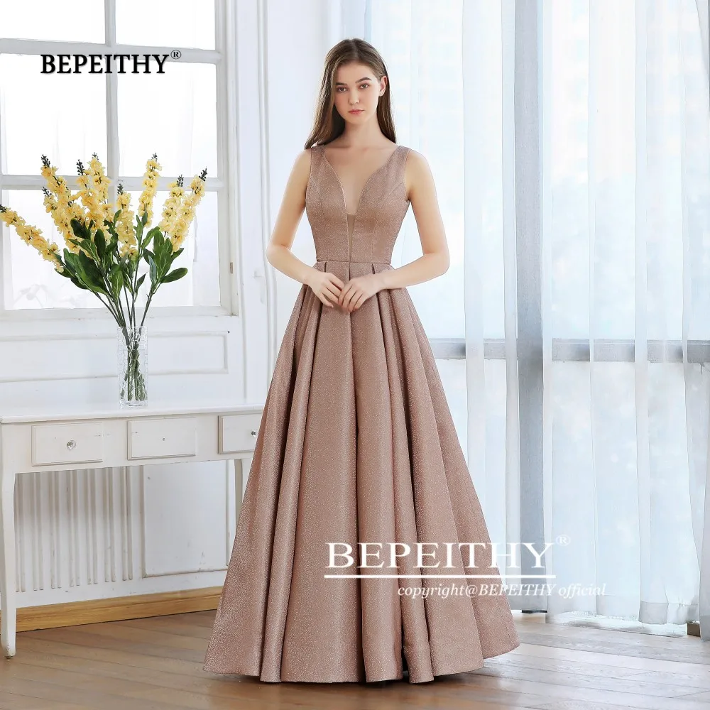BEPEITHY Новое ТРАПЕЦИЕВИДНОЕ блестящее Золотое вечернее платье длинное Robe De Soiree Светоотражающие Сексуальные вечерние платья на выпускной с открытой спиной Abendkleider