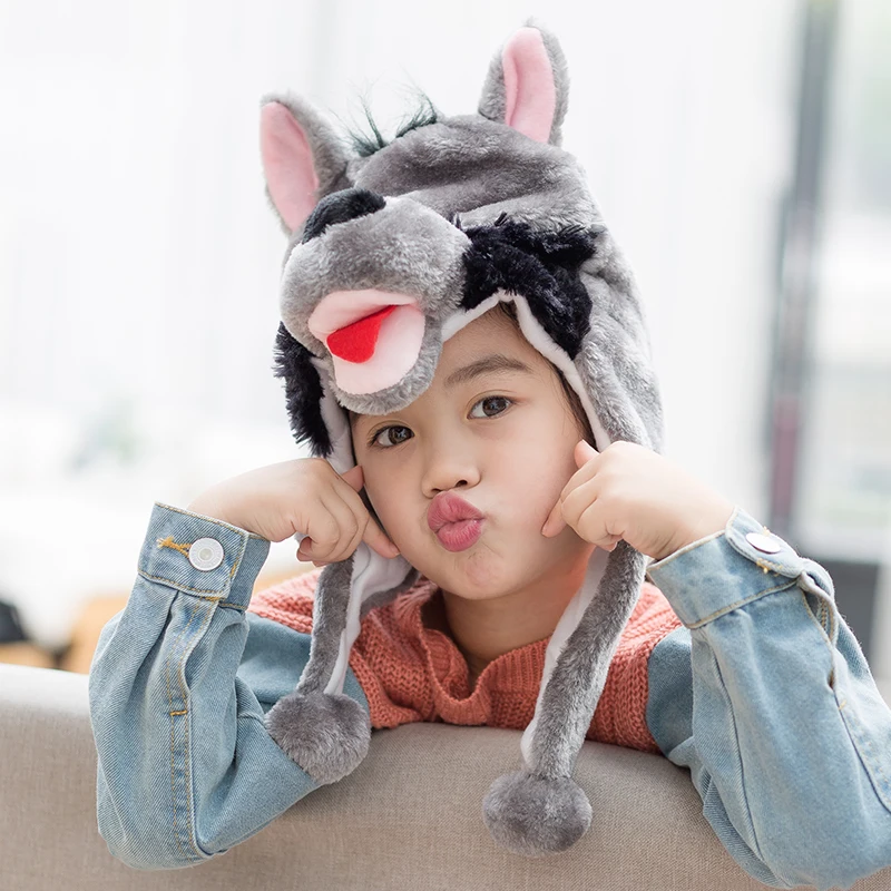 1 шт. Детская плюшевая шапка мягкая теплая с изображением животных волка для