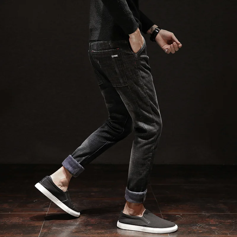 Мужские зимние стрейч Утолщаются Джинсы для женщин с теплым начесом удобная и