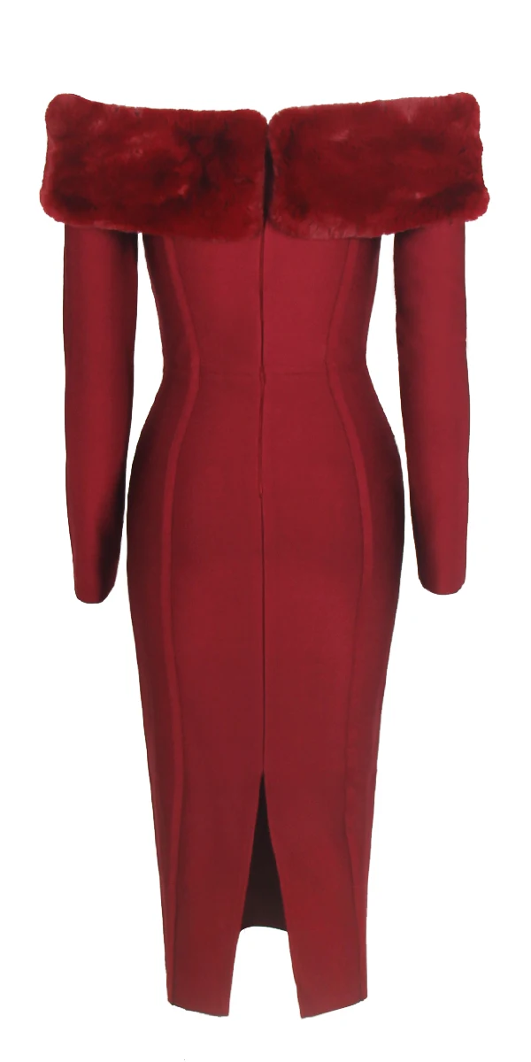 

High Quality Sexy Women Dress Long Sleeve Fur Off The Shoulder Bandage Dress