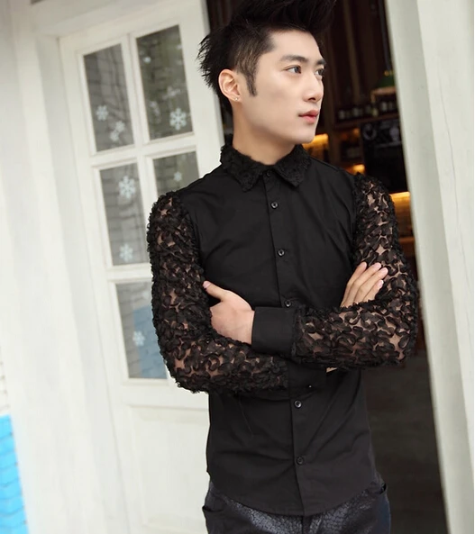 

Hot New Autumn Lace Petals Shirts Non-mainstream Personality Male Slim Long-sleeve Shirt Nightclub Singer Costumes Clothing