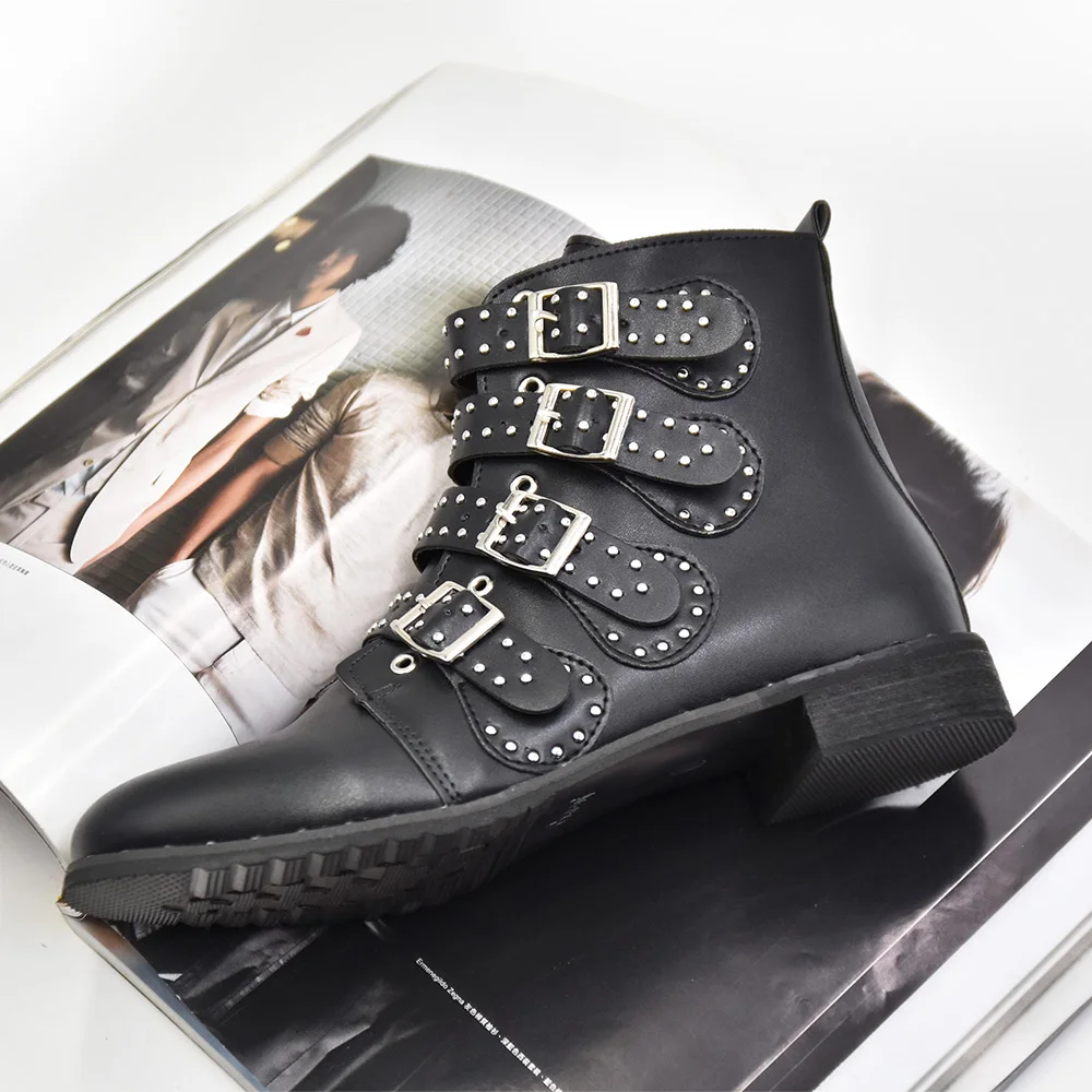 2017 Женская обувь черного цвета с ремешком и пряжкой в стиле панк ботильоны из