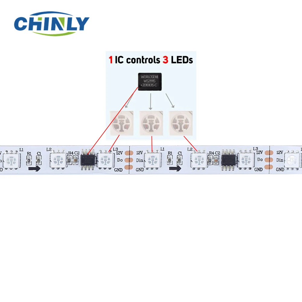 WS2811 пикселей полоса DC12V 5m адресуемые 30/60 светодиодов/м черный/белый PCB 10/20