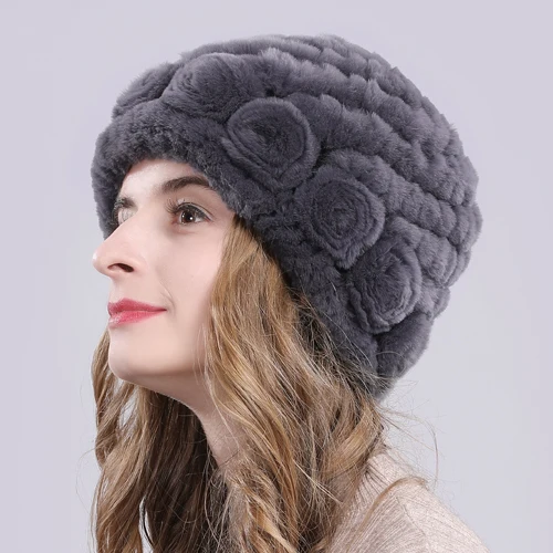 dark gray Новые зимние шапки из меха кролика рекс женский Настоящий мех кролика Цветочные шапочки вязаная шапка ручной работы натуральная шапка из меха кролика рекс - Цвет: dark gray