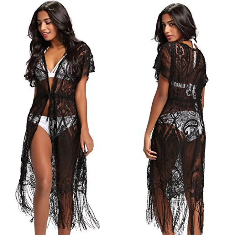 Women Lace Beach Cover Up 2018 V Neck Tassel Tie Long Beachwear Summer Swimsuit Cover Up Sexy See-through Beach Dress