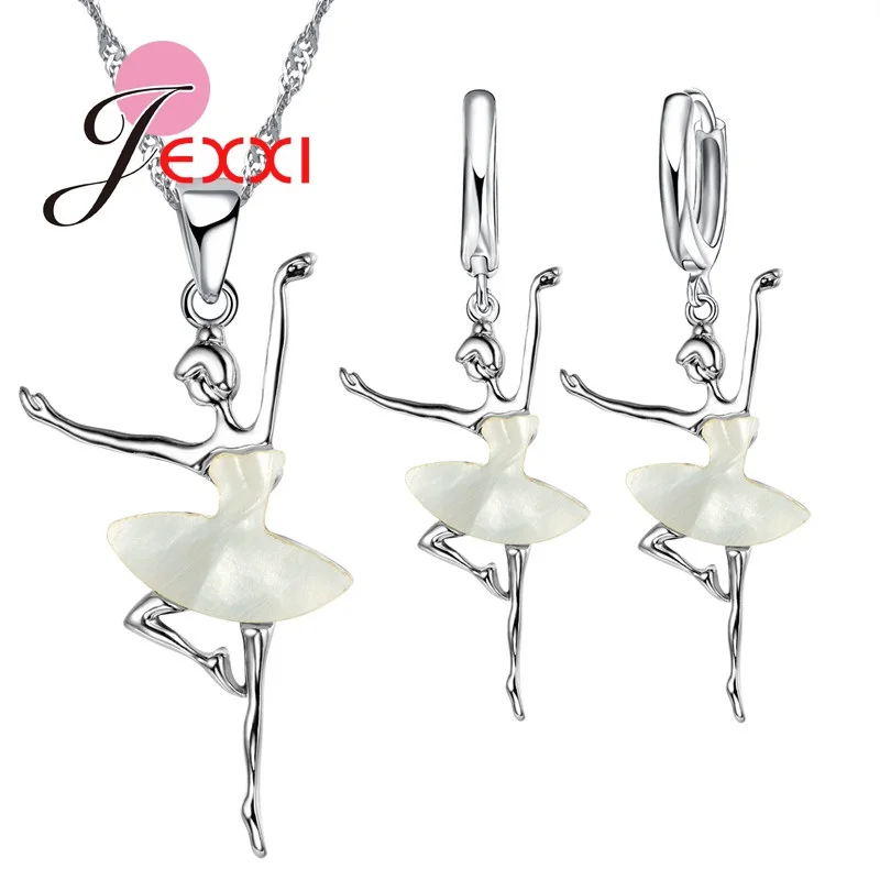 

Elegant Woman Ballet Dance Pendant Fashion Khaki Dress Doll Necklace Earrings High Quality 925 Sterling Silver Jewelry Set