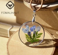 natural dried blue sixfold lee flower leather chain necklace long strip pendant necklace women 2020 jewelry sx68