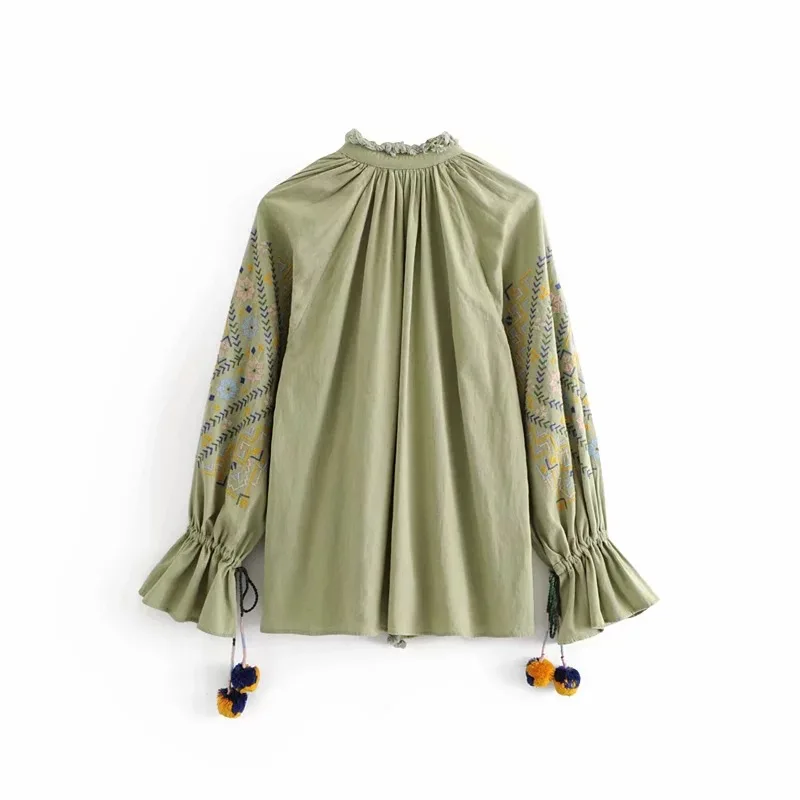 LTD1198280 ELYB New Embroidery Floral Blouses Women Drawstring Pom Ball Fluffy Shirts Lady Fashion Stand Loose Vestidos |