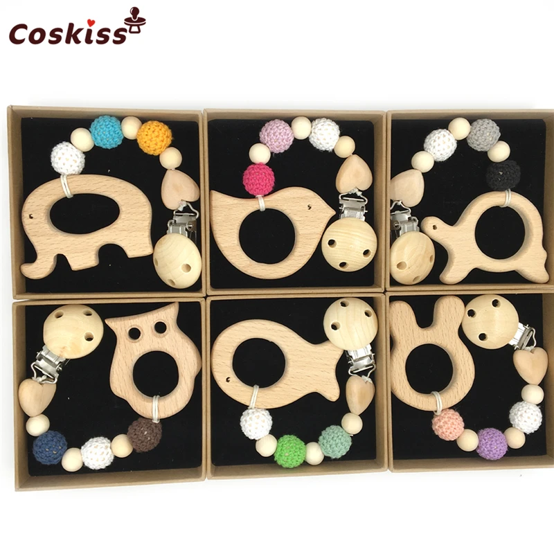 

Baby Teether Pacifier Clip Wooden Animal Pendant Nature Wooden Teether Chewable Safe Holder Infant Gift Unisex Teething Clip Toy