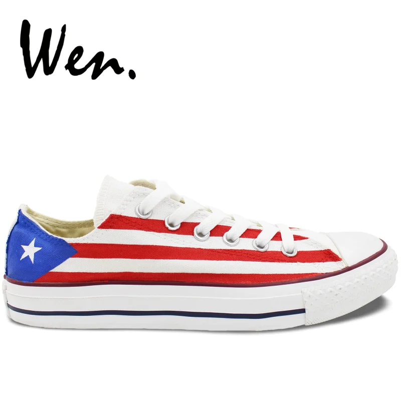 

Wen Custom Design White Low Top Shoes Hand Painted Puerto Rico Flag Athletic Lace Up Sneakers Platform Plimsolls Flat for Gifts