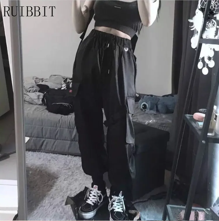 Женские брюки карго в стиле панк хип хоп повседневные черные свободные для бега с