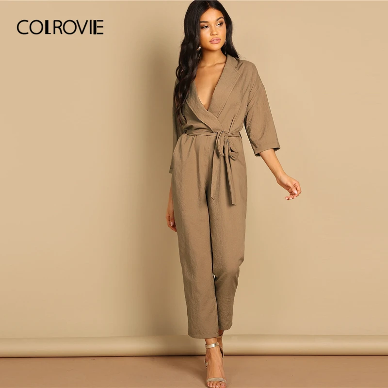 COLROVIE Camel, косые карманы, пояс с вырезом, повседневный женский комбинезон, весна, корейский стиль, высокая талия, облегающие, элегантные комбинезоны