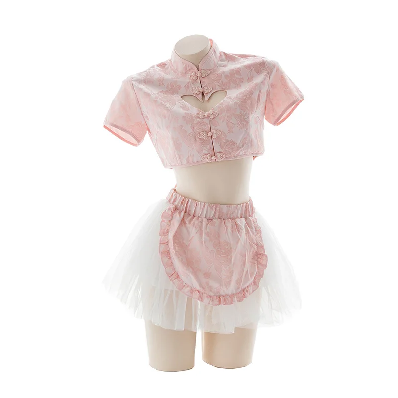 pink Симпатичный Чонсам в стиле Лолиты, женское нижнее белье, аниме, косплей костюм, женский сексуальный Китайский Qipao, ночная сорочка, сексуальный костюм горничной, розовый, белый - Цвет: pink