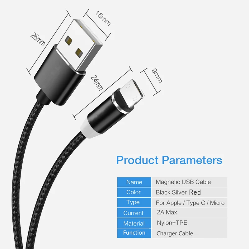 1 м/2 м Магнитный кабель с нейлоновой оплеткой светодиодный usb-кабель с круглой головкой для зарядки смартфонов iphone 5 6 7 samsung S8 S9 huawei Xiaomi