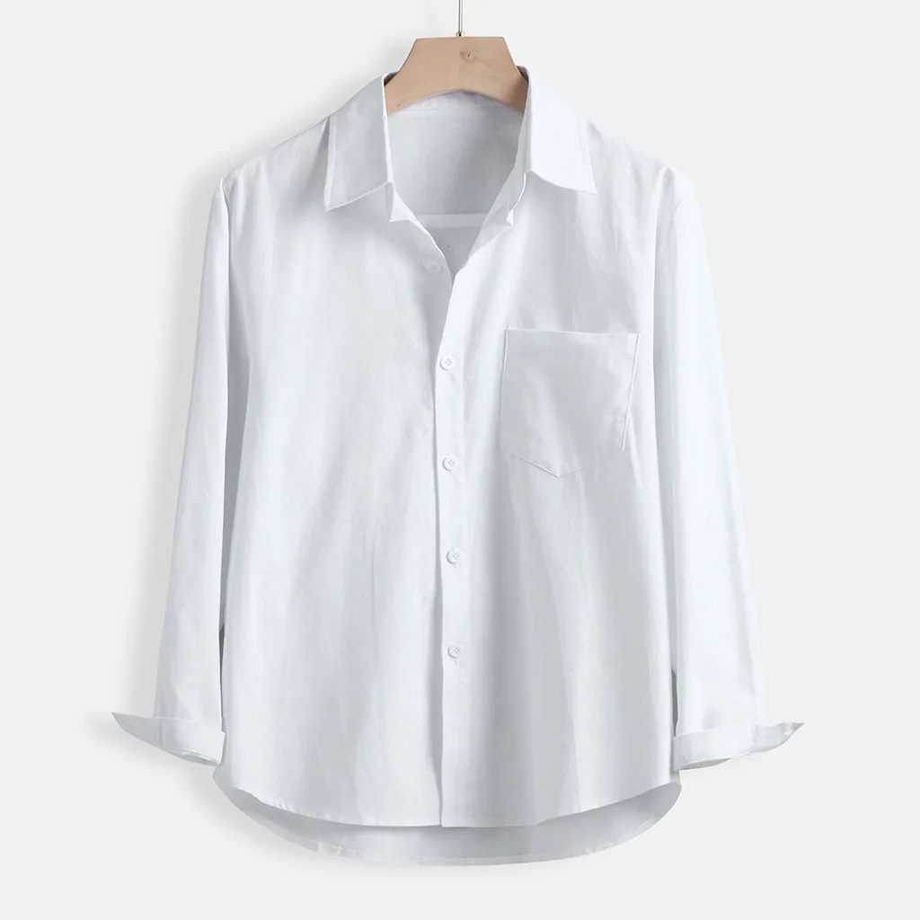 White J5 модная мужская рубашка с длинным рукавом, однотонная, с отворотом, деловая или Повседневная рубашка, топы, рубашка, простая, 2 цвета, размера плюс, осень - Цвет: White