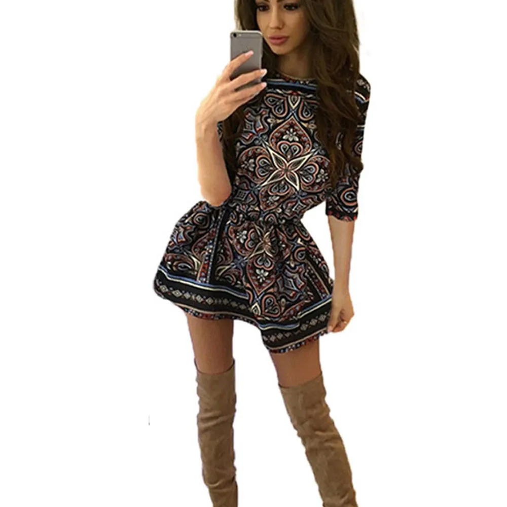 2019 Women Retro Bohemia Short Sleeve Flower Printed Casual Ethnic Style Vintage Multicolor Ball Gown Mini Dress | Женская одежда