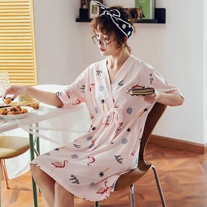 Летняя ночная рубашка кимоно из 100% хлопка женская в виде животного модная