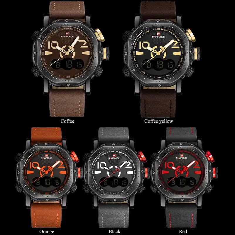 NAVIFORCE Брендовые мужские спортивные часы с двойным дисплеем цифровые кожаные