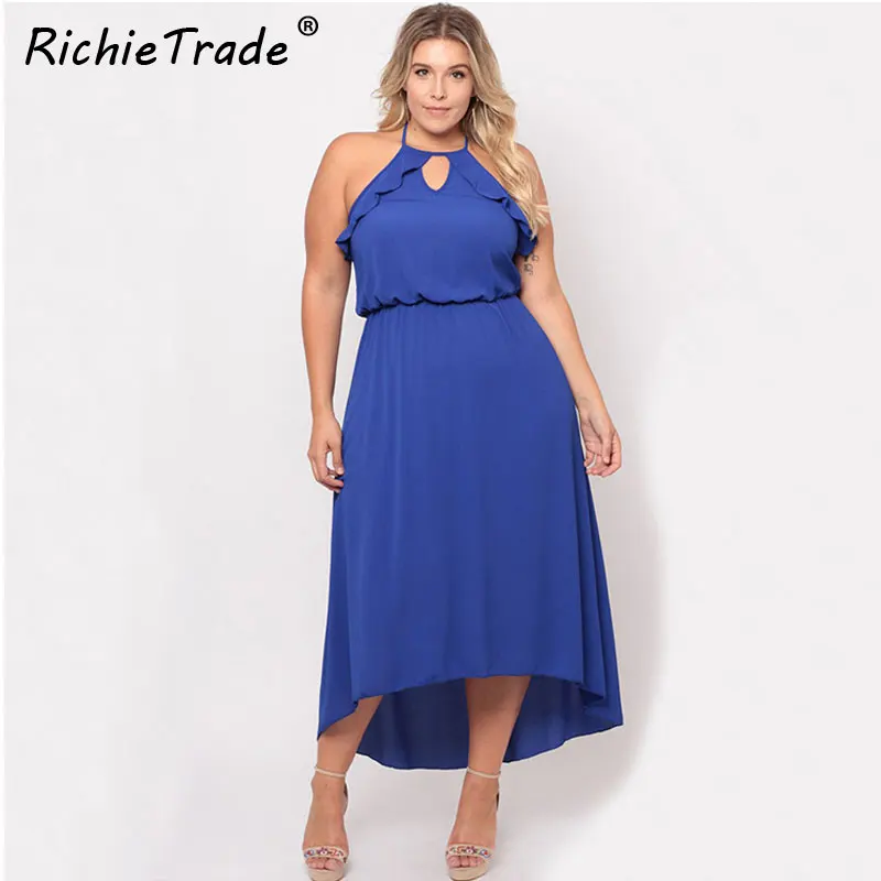 Женское платье на бретельках RICHIETRADE синее с оборками без рукавов круглым вырезом