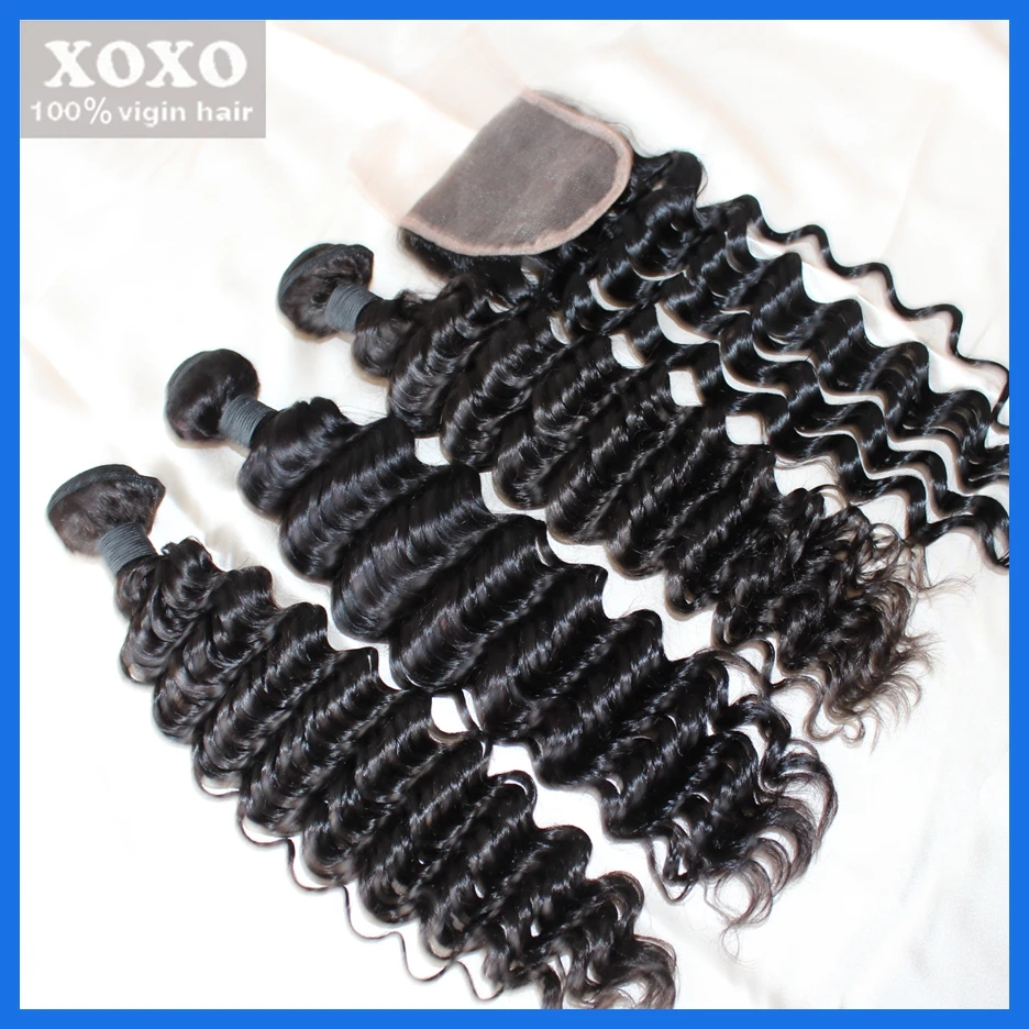 Малайзийские Девственные пучки Волосков глубокая волна с Закрытием