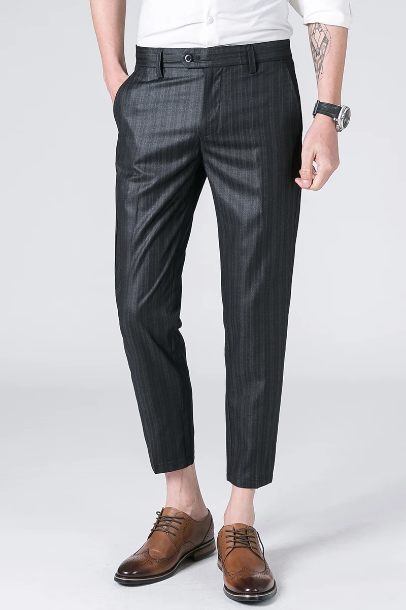 

New striped casual formal men's Long Thin nine pants slim feet trend wild handsome male Chinese Style Black Gray