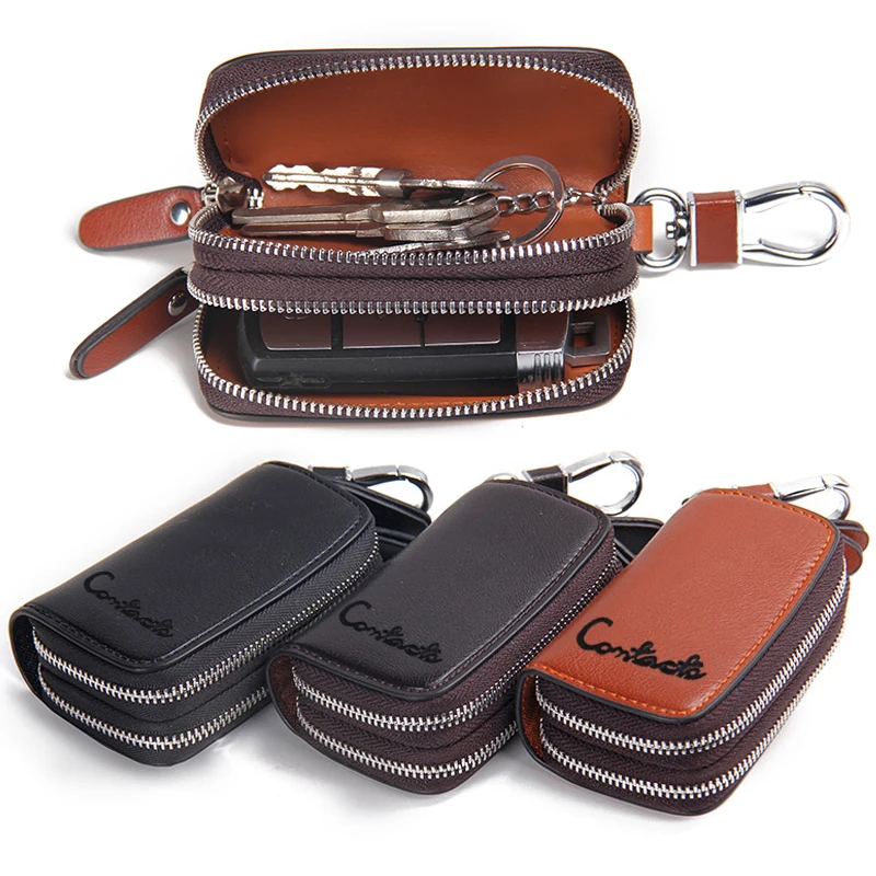 

Classic New Double Zipper Men's Genuine Cow Leather Car Key Holder Multifuncation Housekeeper High Class Motor Keys Case Wallets