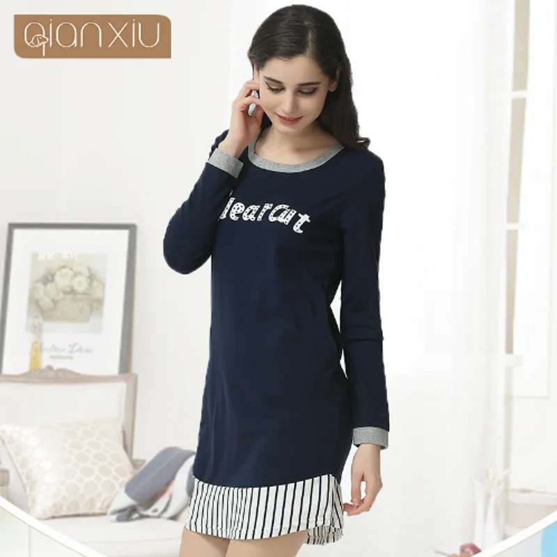 2019 Autumn Brand Homewear Women Casual nightdress Female Cotton sleepwear dress Ladies Long sleeve O-neck collar nighty | Женская