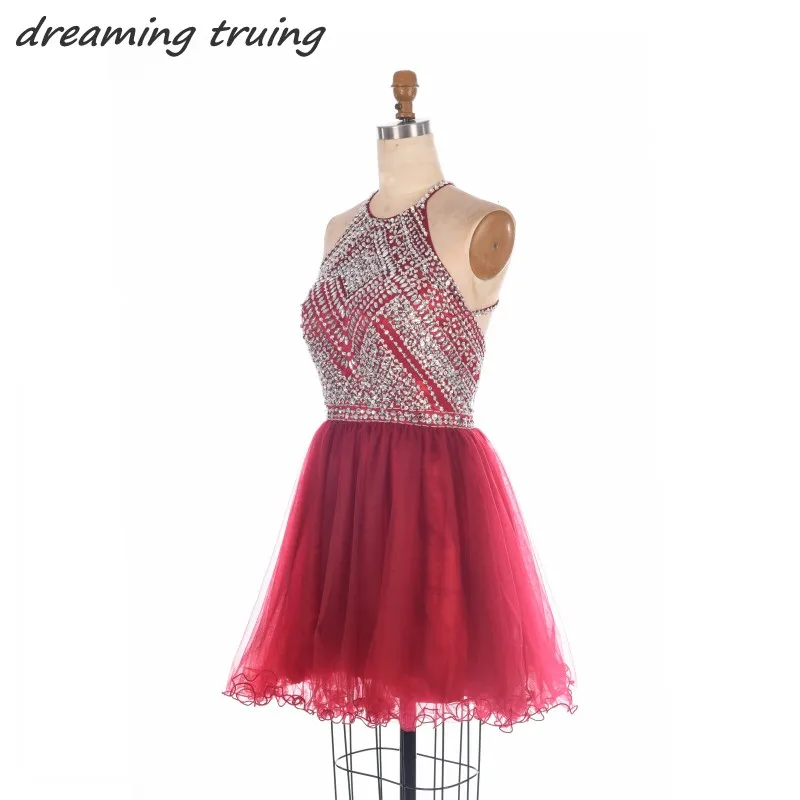 Бордовое мини платье для выпускного вечера с бисером короткое сексуальное