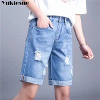 new pencil ripped holes denim shorts women clothes summer style women slim knee length long shorts cutting short jeans