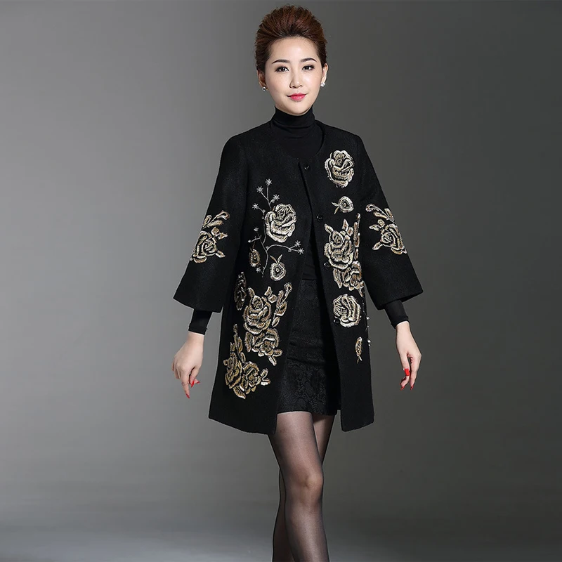Женское двубортное пальто с цветочной вышивкой Осеннее/зимнее 2019|woolen overcoat|fashion