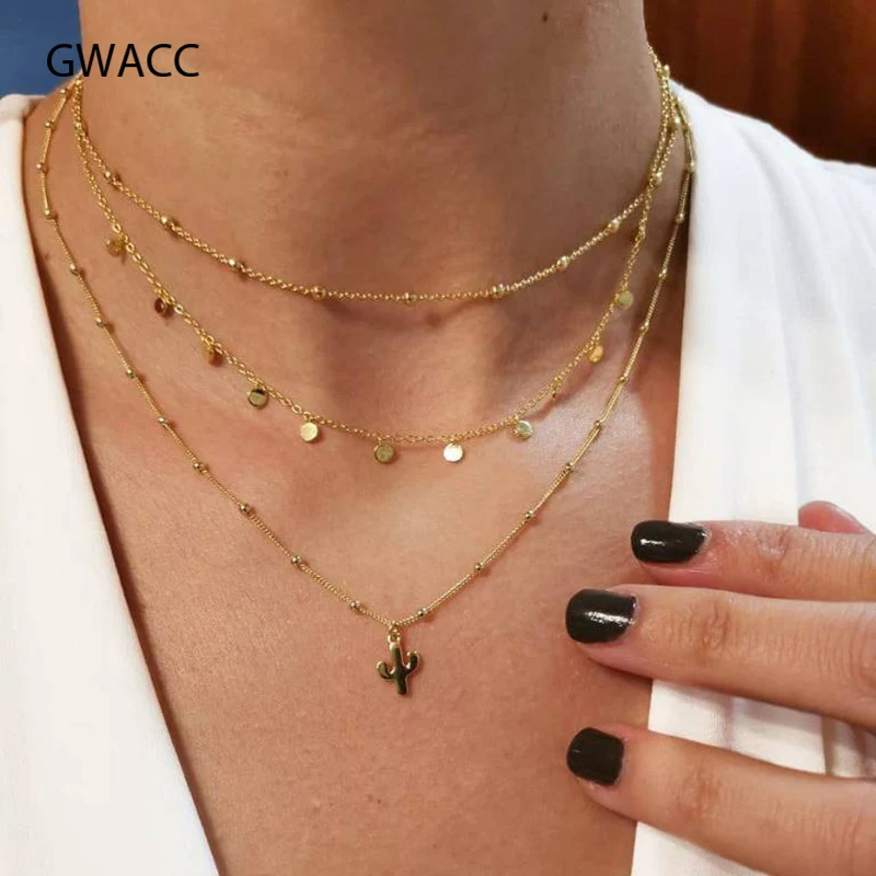 GWACC Многослойная цепь кактус подвески для монет ожерелье s Золотое колье женщин