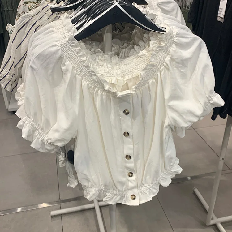 Деревянные уха воротник рубашки женские 2019 с коротким рукавом летние пикантные