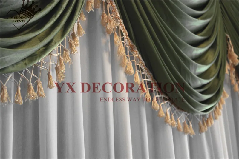 

White And Sage Green Ice Silk Backdrop Curtain With Sage Green Swag Drapery Edge Tassel Wedding Event Decoration
