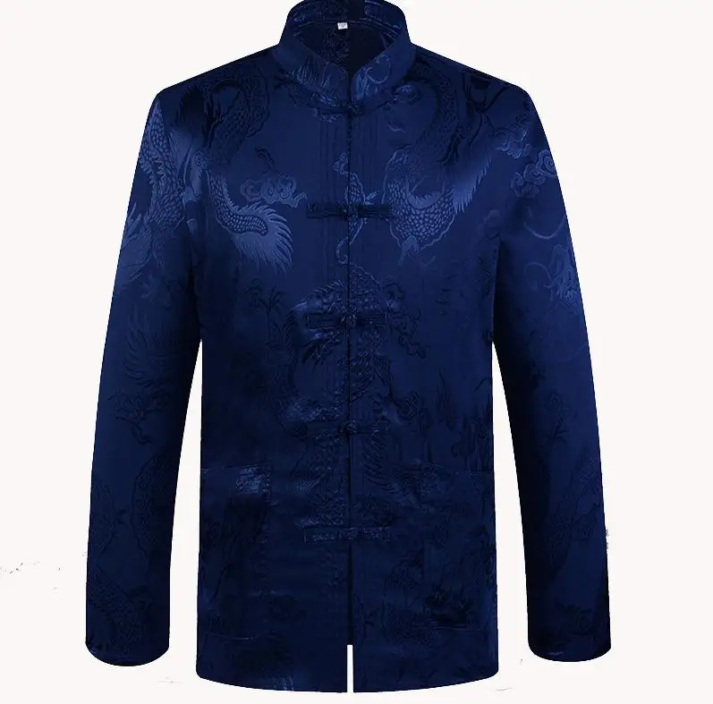 navyblue dragon Осень человек дракон Кунг Фу куртка пальто Традиционный китайский воротник мандарина Тан костюм одежда для мужчин Camisa Masculina - Цвет: navyblue dragon