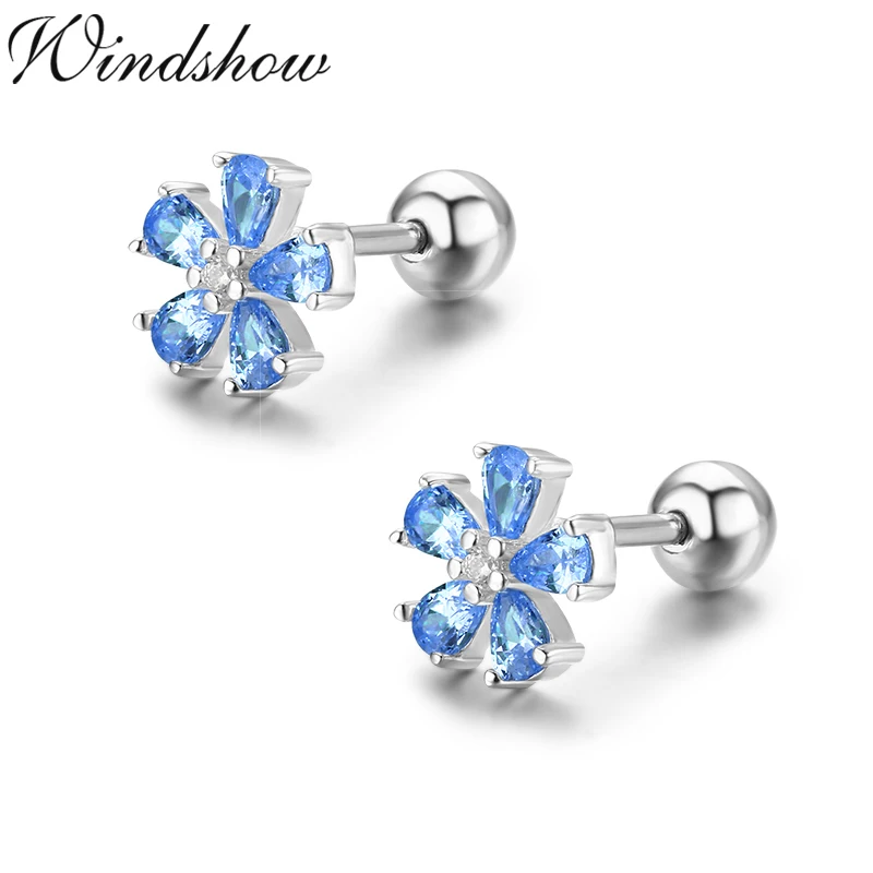 blue Милые серьги-гвоздики со снежинками и Розовыми Фианитами, 925 пробы, серебряными цветами, серьги-гвоздики для женщин, девочек, детей, ювелирные изделия для пирсинга Orecchini Aros Arete - Окраска металла: blue