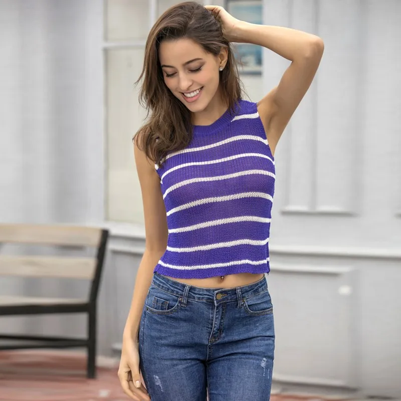 Свободный размер Crop Танки Без Рукавов Круглая горловина полосатый вязаный на