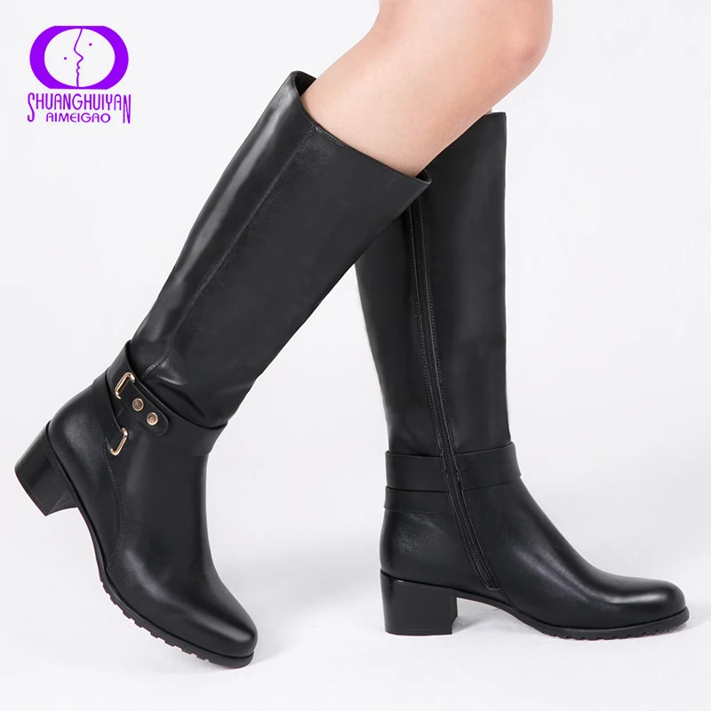 Женские сапоги до колена AIMEIGAO черные с круглым носком на молнии зима 2017|winter shoes for
