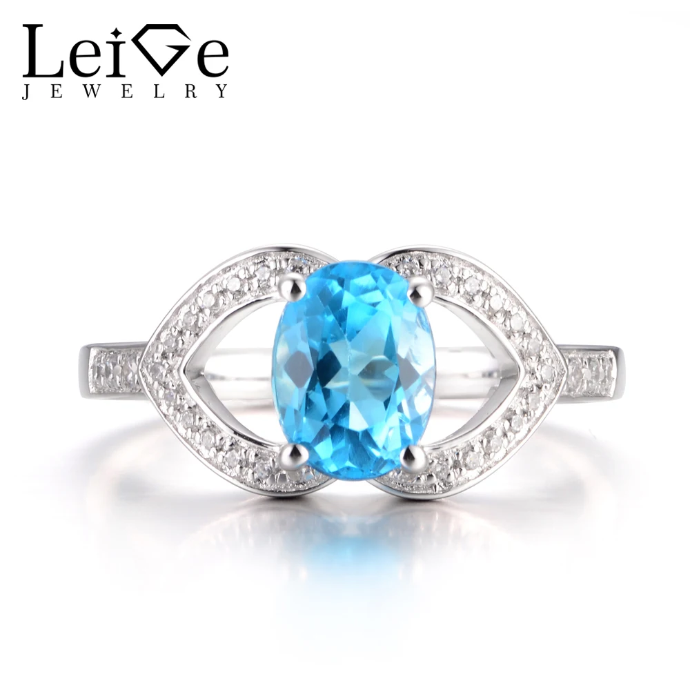 LeiGe Jewelry Genuine Swiss Blue Topaz Rings Cocktail Rings November Birthstone Rings Oval Cut Blue Gems 925 Sterling Silver
