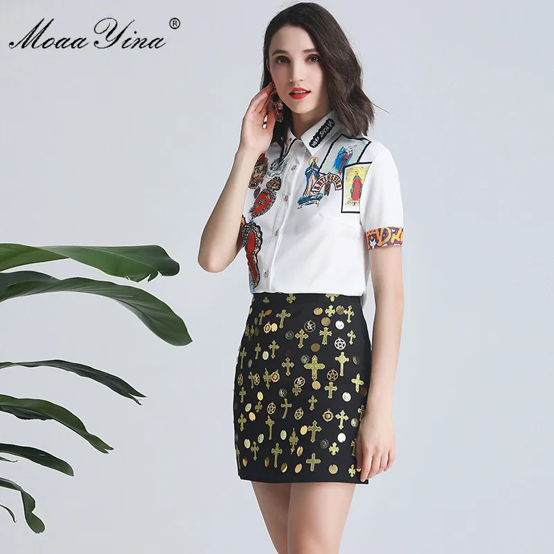 MoaaYina Лето Для женщин с короткими рукавами Ангел печати алмаз Рубашки Топы +