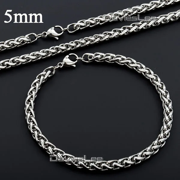 Davieslee 3/4/5/6/8MM Mens Chain Boys Wheat Silver Color Stainless Steel Bracelet Jewelry Set Fashion Gift DLKS98/KS99/KS100 | Украшения и