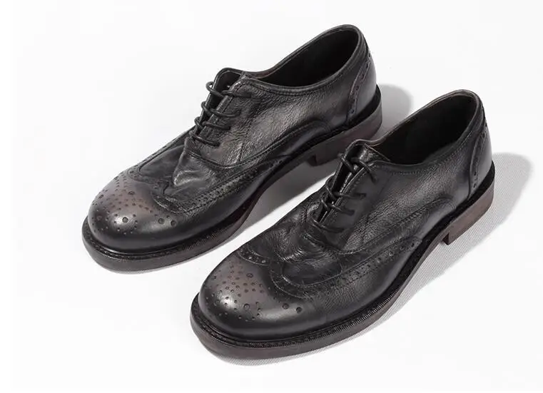Dress Shoes Men Lace Up Genuine Leather Smart Casual Carved Brogue shoes Handmade Luxury Platform Height Increasing | Обувь