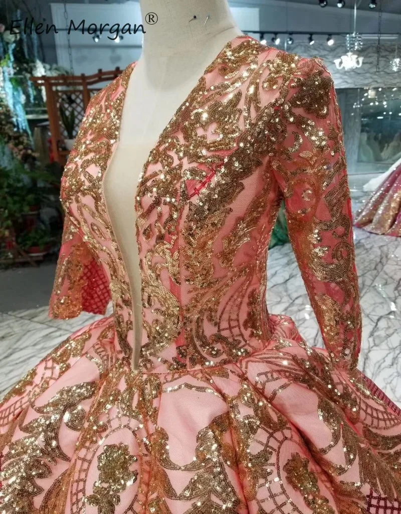 Saudi Arabian Long Sleeve Evening Dresses Glitter Pink Ball Gowns Pageant Miss Sheer V Neck Lace up Formal Event Dress Party2019 | Свадьбы и
