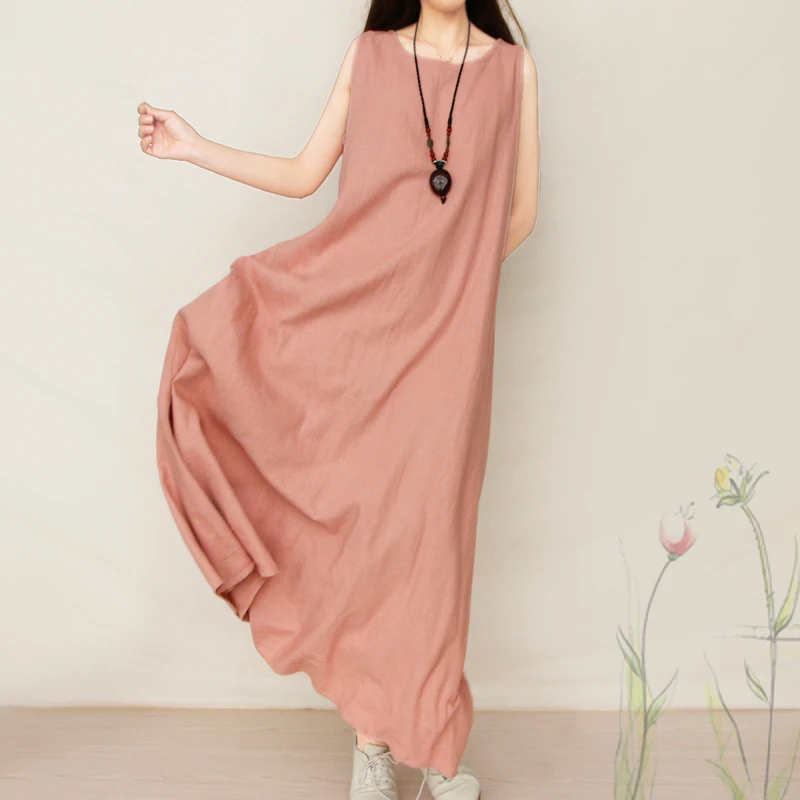 Женское летнее платье майка из хлопка и льна повседневное однотонное Mori Girl хиппи
