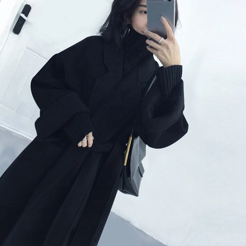 2020 New Autumn Winter Women's Casual Wool Blend Trench Coat Spring Oversize Long Women Woolen Belt Cashmere Outerwear | Женская