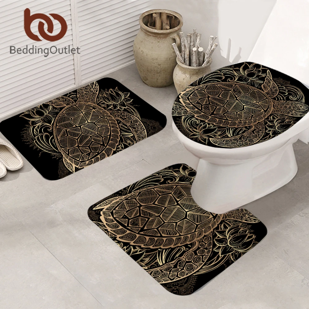 BeddingOutlet черепаха коврик для ванной 3 шт. Абсорбент нескользящей Золотой черепахи коврик набор для Ванная комната крышку унитаза лотоса в Богемном Стиле Ковры