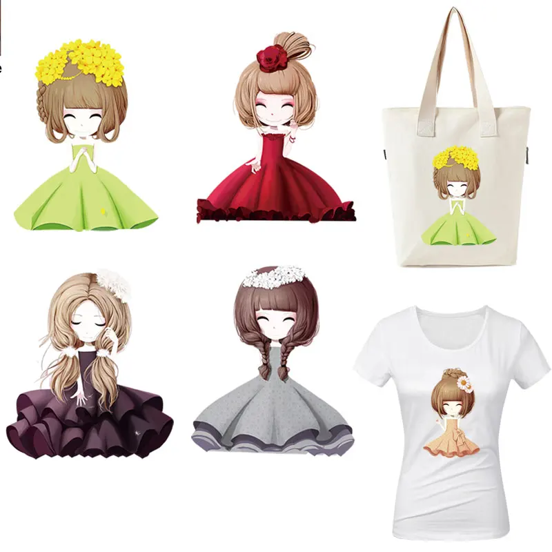 

Pretty Kawaii Girls with Dresses Heat Transfer for Canvas Bag Iron Patches Clothing Girls with Princess Dress Flower Patch Sale