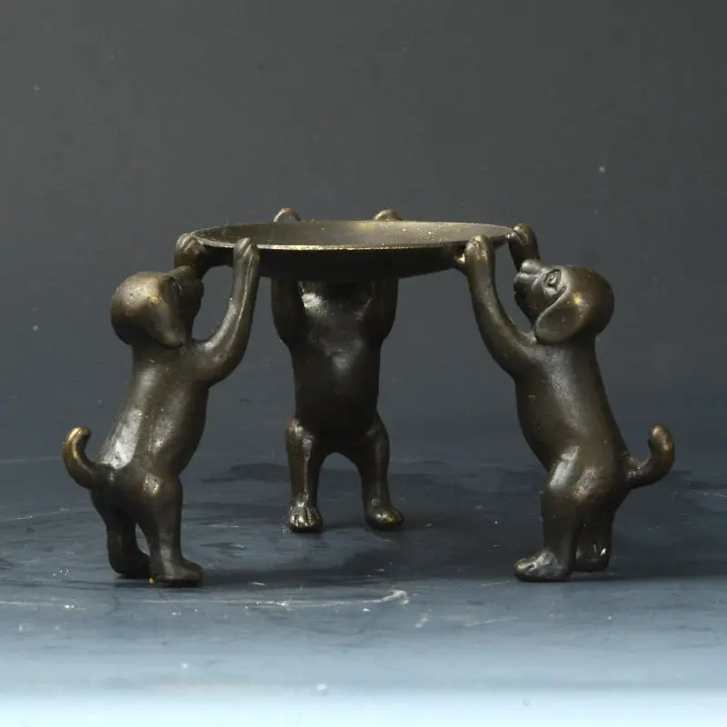 Collectible Decorated Old Handwork Bronze Carved 3 Dogs Climb Plate Candle Stick | Дом и сад