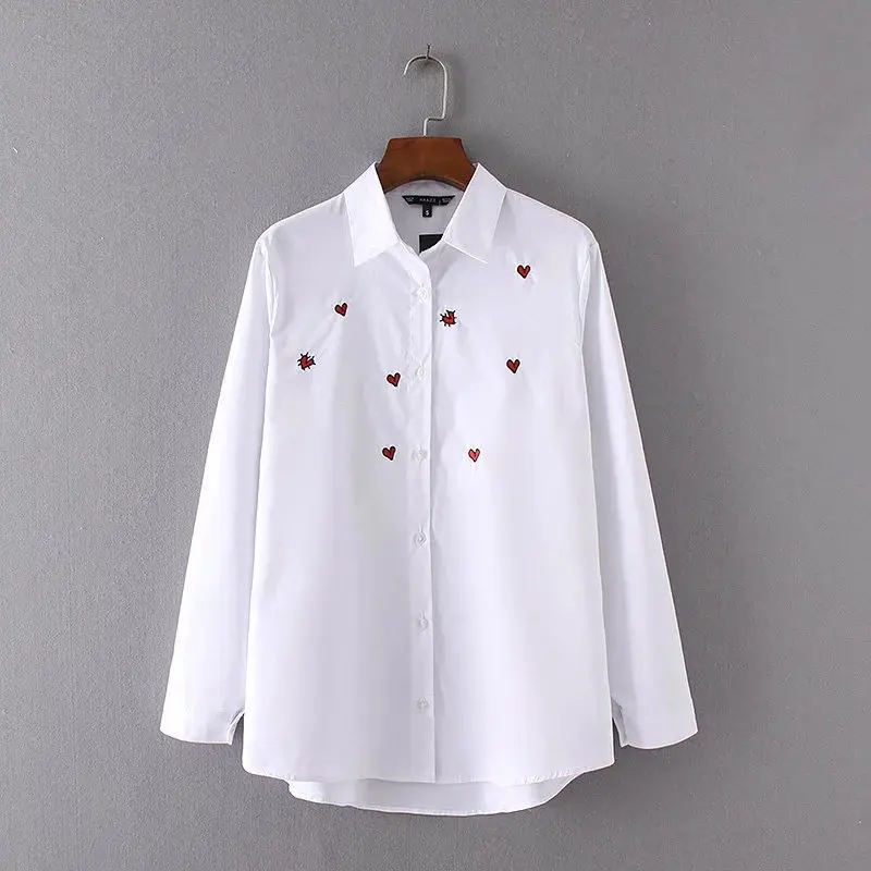 VOGUE! Новая женская белая рубашка на пуговицах с вышитым сердцем и длинным рукавом